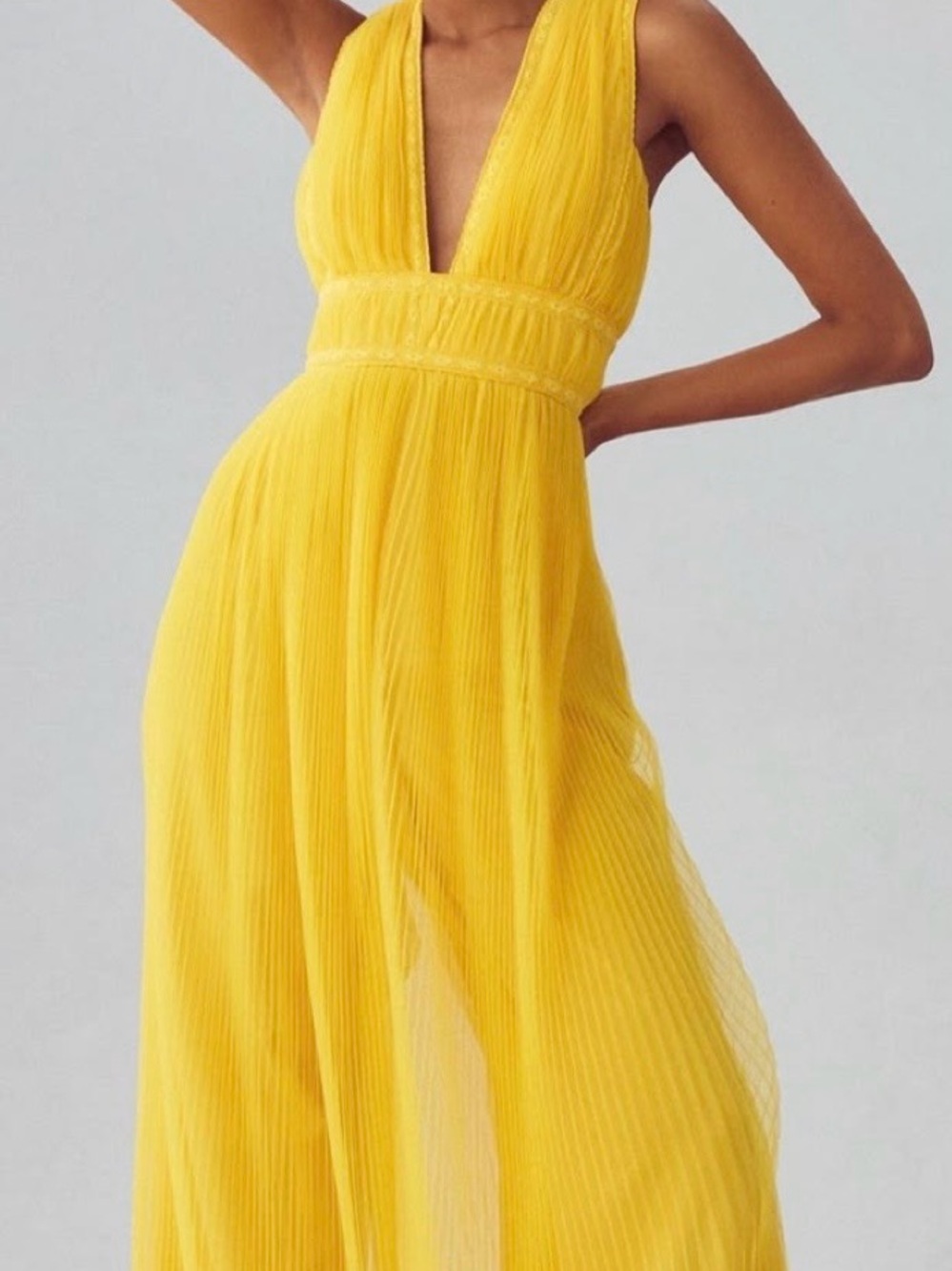 Hutch Yellow Plisse Deep V Maxi Dress